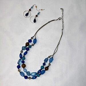 Double strand blue beads with brown beads Fashion Necklace and Earrings